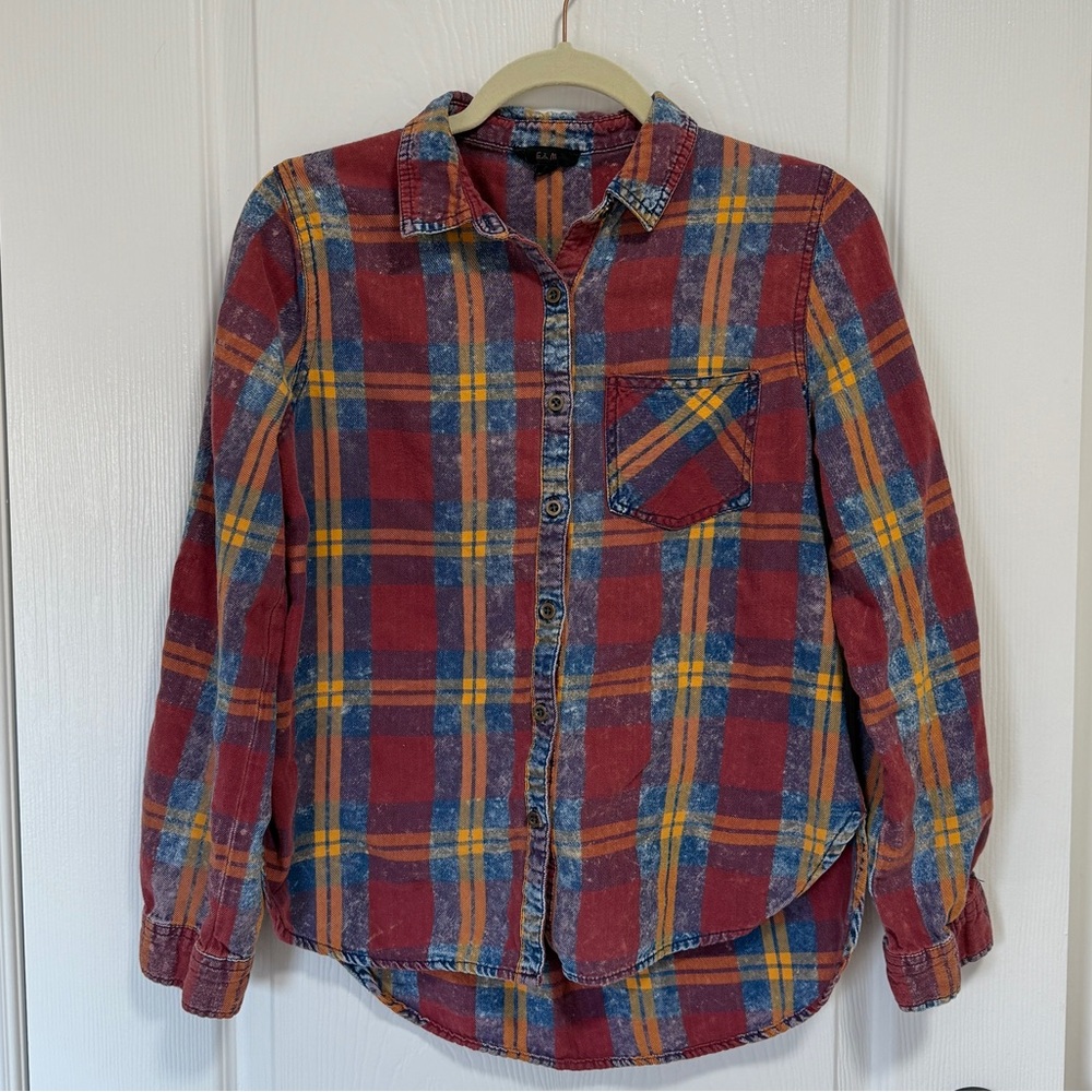 Red, Blue and Yellow Plaid Vintage-Feel Button-Up Shirt